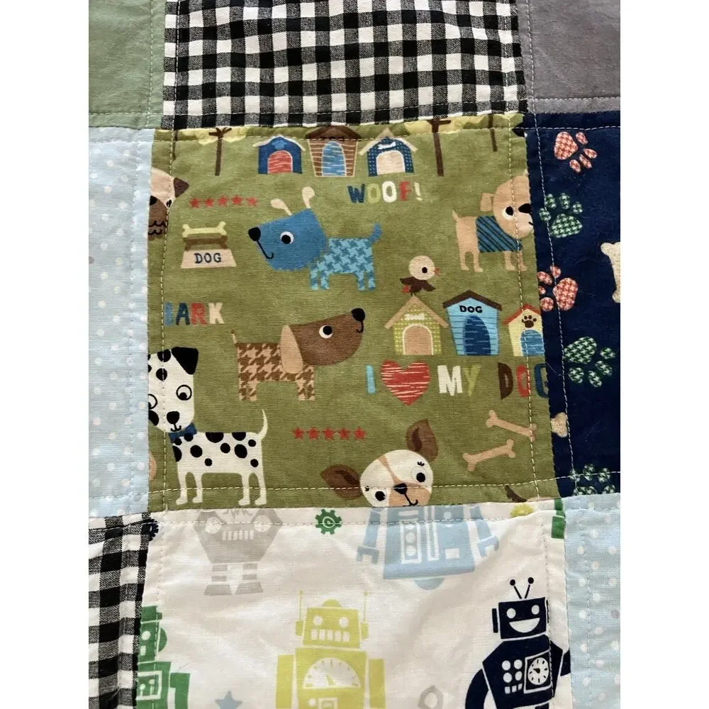 Handmade Unisex Cotton Quilted Blanket Blue Graham Dog Robots Cars Very Soft Kid